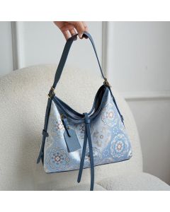 Buddha Stones Handmade Flower Crane Deer Butterfly Song Brocade Crossbody Bag Hangbags - SteelBlue Crane Deer 29*23*12cm