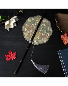 Buddha Stones Handmade Flowers Peach Loquat Bird Crane Butterfly Pattern Long Purple Bamboo Handle Portable Curlable Fan - Pink Flying Butterfly 22*50cm