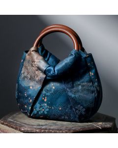Buddha Stones Handmade Jacquard Flower Blue Wooden Handle Handbag - Blue Flower 23*25*5cm