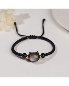 Buddha Stones Handmade Natural Silver Sheen Obsidian Strawberry Quartz Cute Cat Protection Braided Bracelet - Strawberry Quartz(Love♥Healing) / Lovely Cat