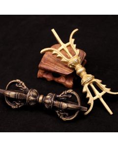 Buddha Stones Handmade Nepal Five Prong Three Prong Vajra Dorje Strength Copper Decoration - Golden Three Prong Vajra Dorje-14cm