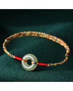 Buddha Stones Handmade Peace Buckle Jade Prosperity Colorful Rope Bracelet - Jade(Wrist Circumference 14-17cm)