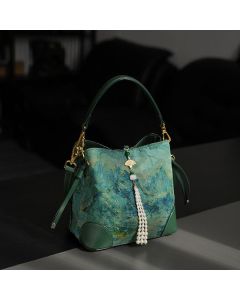 Buddha Stones Handmade River Mountain Bead Pearl Tassel Xiangyunsha Silk Crossbody Bag Hangbags - MediumSeaGreen Mountain River 21*18*12cm