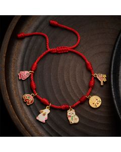 Buddha Stones Handmade Seven-Knot Red String Koi Fish Elephant Rabbit Cat Purple Magpie Luck Bracelet - Red(Wrist Circumference: 5.9–7.5 in / 15–19 cm)