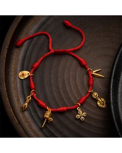 Buddha Stones Handmade Seven-Knot Red String Om Mani Padme Hum Prayer Wheel Vajra Bamboo Leaf Zakiram Luck Bracelet - Red(Wrist Circumference: 5.9–7.5 in / 15–19 cm)