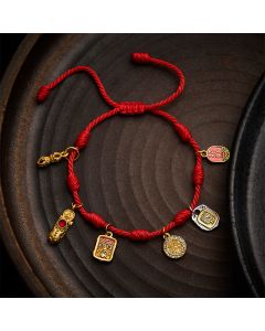 Buddha Stones Handmade Seven-Knot Red String Zakiram Fortune & Blessings Fu Character Pixiu Vajra Luck Bracelet - Red(Wrist Circumference: 5.9–7.5 in / 15–19 cm)