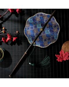Buddha Stones Handmade Shell Scales Leaves Epiphyllum Pattern Long Purple Bamboo Handle Portable Curlable Fan - Sky Blue Flower 22*50cm