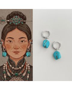 Buddha Stones Handmade Synthetic Turquoise Protection Tibetan Hoop Earrings - Turquoise(Copper Plated With 925 Sterling Silver Posts)