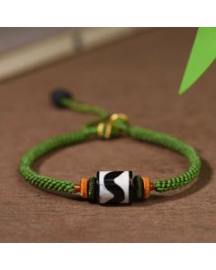 Buddha Stones Handmade Tibetan Dzi Bead Protection Braided Green Rope Bracelet - Dzi Bead(Wrist Circumference 14-16cm)