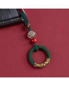Buddha Stones Handwoven Colorful Thread String Buckle Ivory Fruit Cinnabar Key Chain Phone Hanging Decoration - Green Phone Hanging Decoration