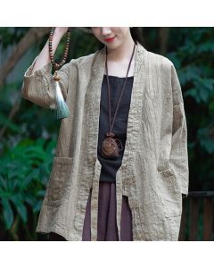 Buddha Stones Hanfu Design Three Quarter Sleeve Ramie Linen Coat Open Front Top Jacket - Beige-US4-8/10，UK/AU8-12/14，EU36-40/42 (F)-(Coat Only)