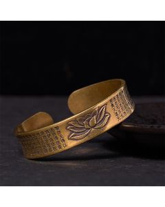 Buddha Stones Heart Sutra Lotus Flower Copper Brass Peace Cuff Bracelet Bangle - Polished(Wrist Circumference: 14-17cm)