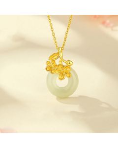 Buddha Stones Hetian Jade 999 Sterling Silver Peace Buckle Peach Blossom Necklace Pendant - Silver Hetian Jade