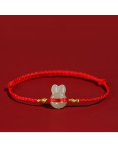 Buddha Stones Hetian Jade Cute Rabbit String Luck Bracelet - Green Rope(Wrist Circumference 14-16cm)