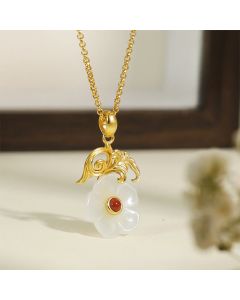 Buddha Stones Hetian Jade Flower 925 Sterling Silver Luck Necklace Pendant - Hetian Jade 925 Sterling Silver