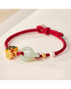 Buddha Stones Hetian Jade Lotus Peace Buckle Braided Rope Fortune Bracelet - Mint Green(Wrist Circumference: 14-17cm)