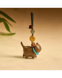 Buddha Stones Hetian Jade Natural Sandalwood Red Sandalwood Green Sandalwood Fu Character Abundance Key Chain - Sandalwood