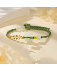 Buddha Stones Hetian Jade Peace Buckle Luck Peach Blossom Braided Bracelet - Hetian Jade(Prosperity♥Abundance)(Wrist Circumference 14-19cm)