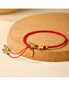 Buddha Stones Hetian Jade Small Peach Blossom Fu Character Charm Luck String Bracelet - Dark Red Rope(Wrist Circumference: 14-19cm)