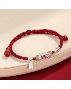 Buddha Stones Hetian Jade Year of the Snake String Protection Braided Bracelet - Black Rope(Wrist Circumference: 14-16.5cm)