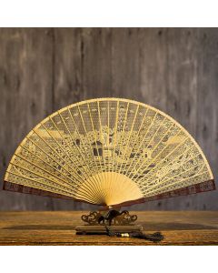 Buddha Stones Hollow Carving Suzhou Garden Tiger Hill Pattern Handheld Burmese Wood Folding Fan - Burmese Wood Suzhou Garden Tiger Hill 22cm(With Gift Box+Stand)