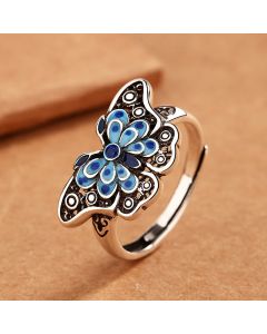 Buddha Stones Hollow Enamel Blue Butterfly Pattern Love Ring - Blue Butterfly(Adjustable)