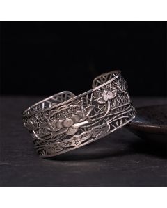 Buddha Stones Hollow Lotus Silver Plated Copper Healing Enlightenment Bracelet Bangle - Copper(Wrist Circumference: 14-17cm)