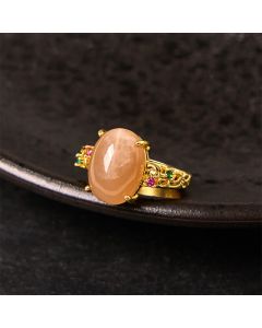 Buddha Stones Hollow Vine Design Peach Moonstone Adjustable Happiness Ring - Peach Moonstone(Size: about 0.39×0.55in(1×1.4cm))
