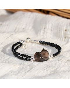 Buddha Stones Ice Obsidian Black Spinel Lying Cat Courage Double Layer Bracelet - Ice Obsidian(Wrist Circumference:16cm)