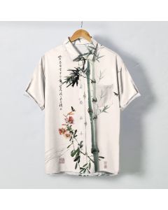 Buddha Stones Ink Bamboo Blossom Bird Calligraphy Pattern Buttons Breathable Men's Short Sleeve Shirt - Linen / US/UK/AU38，EU48 (M)