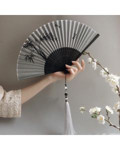Buddha Stones Ink Bamboo Polyester Handheld Bamboo Folding Fan - Ink Bamboo 21cm-With Tassel&Brocade Box&Fan Cover (Pre-Sale)