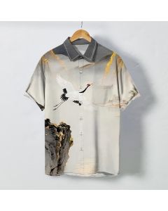 Buddha Stones Ink Crane Mountain Pattern Buttons Wrinkle-resistant Men's Short Sleeve Shirt - Gray / US/UK/AU38，EU48 (M)