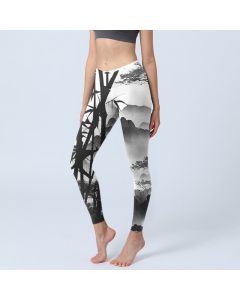 Buddha Stones Ink Painting Bamboo Pine Mountain Scenery Print Gym Leggings Women's Yoga Pants - DarkGray / US18，UK/AU22，EU50 (4XL)