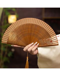 Buddha Stones Inspired Hollow Carved Bamboo Tassel Simple Folding Fan - Brown(Complimentary Tassel)