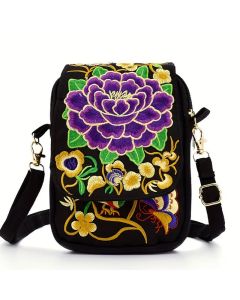 Buddha Stones Inula Flower Peony Embroidery Canvas Shopping Purse Handbag Crossbody Bag - Inula Flower