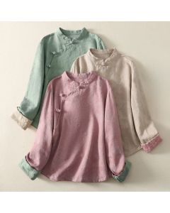 Buddha Stones Jacquard Diagonal Placket Long Sleeve Women's Cotton Linen Buttons Shirt - MediumAquamarine / US4，UK/AU8，EU36 (L)