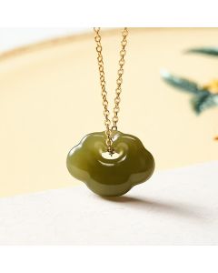 Buddha Stones Jade Auspicious Cloud Lock Luck Vintage Pendant Necklace - 925 Sterling Silver(Blessing♥Calm) / Natural Jade(Color May Vary)
