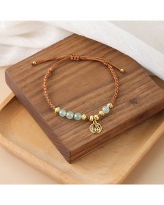 Buddha Stones Jade Beads Fu Character Blessing Rope Bracelet - Jade&Fu Character(Wrist Circumference 14-18cm)