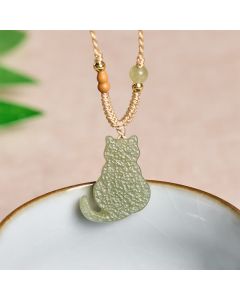 Buddha Stones Jade Cat Braided Cord Pendant Abundance Necklace - Natural Jade(Color May Vary)