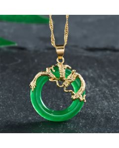 Buddha Stones Jade Dragon Round Pendant Protection Necklace - Golden