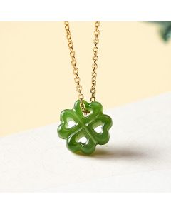 Buddha Stones Jade Four Leaf Clover Luck Hand Carved Pendant Necklace - 925 Sterling Silver(Blessing♥Calm) / Natural Jade(Color May Vary)