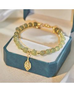 Buddha Stones Jade Leaf Ginkgo Tulip Peanut Fu Character Luck Beaded Bracelet - Red Bead&Peanut