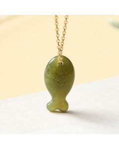 Buddha Stones Jade Little Fish Luck Hand Carved Pendant Necklace - Natural Jade(Color May Vary) / 925 Sterling Silver(Blessing♥Calm)