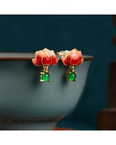Buddha Stones Jade Lotus Enamel Gold Dangle New Beginnings Earrings - Lotus(Enlightenment ♥ New Beginnings) / Jade(Prosperity♥Luck)