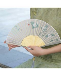 Buddha Stones Jasmine Flowers Handheld Bamboo Folding Fan - Jasmine