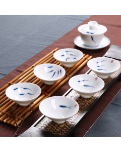 Buddha Stones Jingdezhen Blue and White Porcelain Koi Fish Ceramic Teacup Kung Fu Tea Cups - Six Koi Fish 8.5cm*3.5cm*60ml