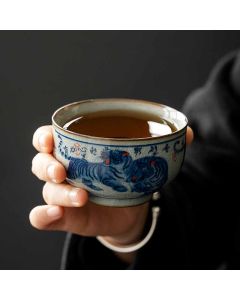 Buddha Stones Jingdezhen Hand Painted Cute Tiger Ceramic Teacup Kung Fu Tea Cup Bowl 140ml - Tiger 8.5cm*4cm*140ml(With Gift Box)