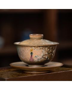Buddha Stones Jingdezhen Hand Painted Ru Kiln Porcelain Hanfu Girl Flower Ceramic Gaiwan Sancai Teacup Kung Fu Tea Cup And Saucer With Lid - Hanfu Girl 10.2cm*8.5cm*150ml