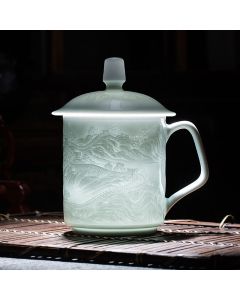 Buddha Stones Jingdezhen White Porcelain Handmade Great Wall Landscape Engraved Ceramic Teacup Office Mug Tea Cups - Landscape 9.3cm*14.8cm*450ml