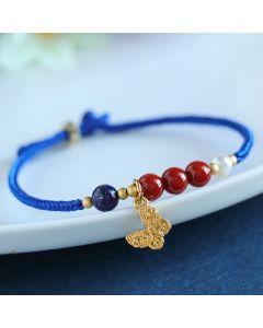 Buddha Stones Klein Blue String South Red Agate Garnet Blue Aventurine Lazurite Lapis Lazuli Copper Butterfly Fu Character Positive Bracelet - Blue Aventurine Red Agate Pearl Joy(Wrist Circumference: 15-18cm)